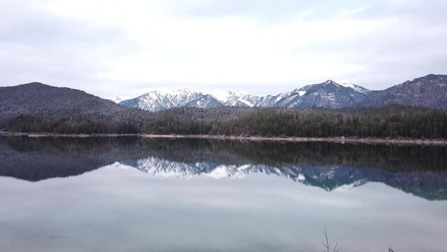 Landscape of Eibsee Lake in front of Zugspitze summit, Garmisch-Partenkirchen, Bavarian alps, Germany, Europe.