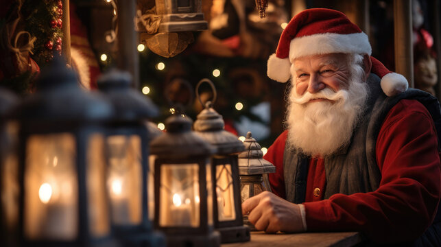 Santa Claus placing glowing vintage lanterns for the holidays