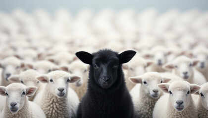 Standing out of the crowd. Dare to be different concept. A black sheep among the herd of white sheep. Black sheep of the family concept design