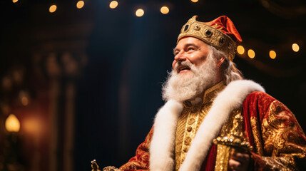 Theatrical Santa in drama pose dramatic gold stage backdrop
