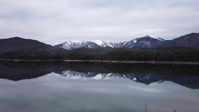 Landscape of Eibsee Lake in front of Zugspitze summit, Garmisch-Partenkirchen, Bavarian alps, Germany, Europe.