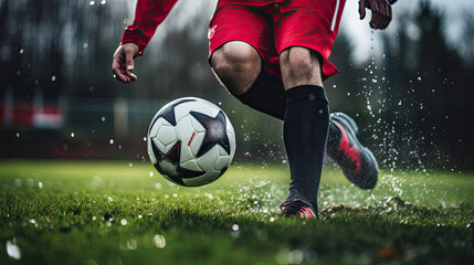 Obraz premium Midfielder executes soccer through-pass forward in red charges