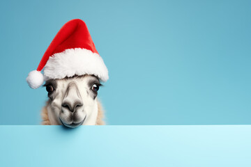 Naklejka premium A very funny llama or alpaca in a Santa Claus hat isolated on blue background. New Year or Christmas concept banner with lama and copy space.