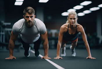 Fototapeta na wymiar Sport couple doing plank exercise workout in fitnes