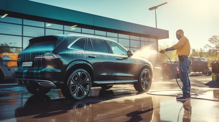 Advertising Style Photo of a Professional Car Washer Using a High Pressure Washer - obrazy, fototapety, plakaty