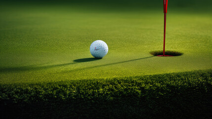 Obraz premium Vivid capture of golfer's putt nearing cup colorful course setting