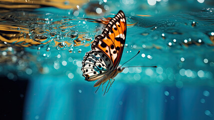 Swimmer's powerful butterfly stroke in turquoise pool