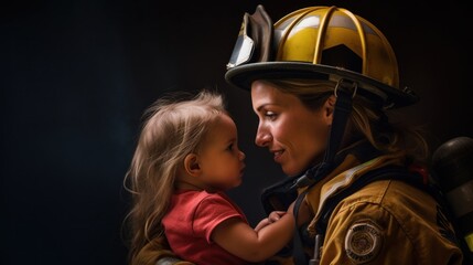 Heartwarming image of a firefighter woman saving a child.