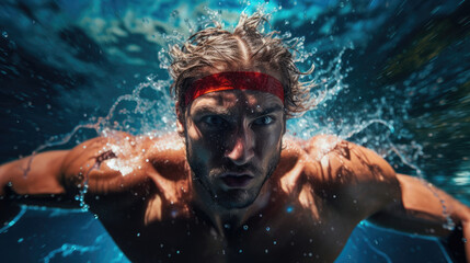 Detailed capture of swimmer's breaststroke vivid pool colors - obrazy, fototapety, plakaty