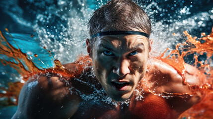 Swimmer executing breaststroke water churning intense expression - obrazy, fototapety, plakaty