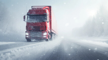 copy space, stockphoto, Extreme close up of a truck driving down a highway at snow day. Heavy truck on snowy and ice road. Dangerous weather condition for driving.