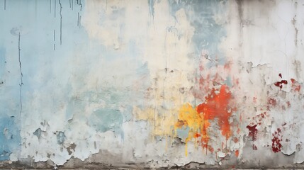 Faded and vibrant colors peek through the cracked and peeling gray paint on the weathered wall of a...