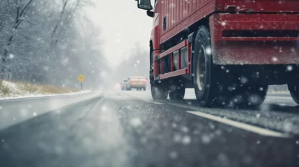 Poster copy space, stockphoto, Extreme close up of a truck driving down a highway at snow day. Heavy truck on snowy and ice road. Dangerous weather condition for driving. © Dirk