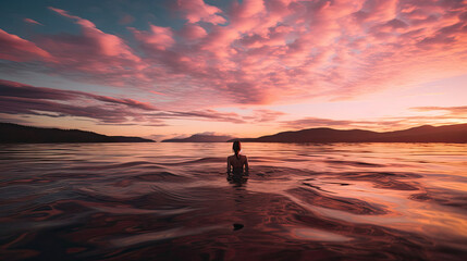 Serene sunset swim back floating swimmer tranquil water