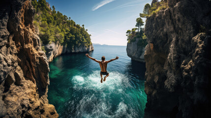 Exhilarating cliff dive into crystal-clear pool vibrant nature scene - Powered by Adobe