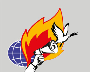 A vector icon with a duck flying out of it - a symbol of fake news. In the background is a flaming globe