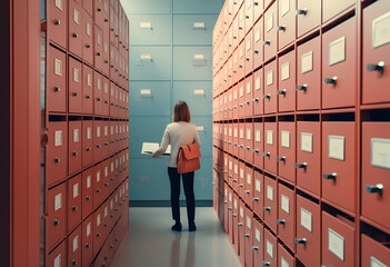 The clerk is leafing through stored folders, looking for a file or document. Concept of data storage