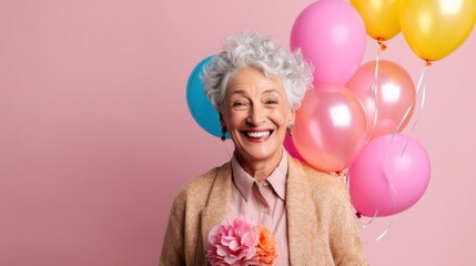 A happy senior woman poses with a birthday gift and pastel balloons against a pink studio backdrop.
