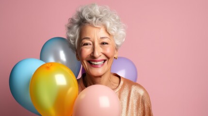 Obraz na płótnie Canvas Senior elegance captured as a woman poses against a clear light pink studio background with a birthday gift and balloons.