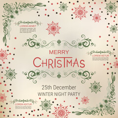 Merry Christmas and Happy New Year retro style vector illustration. Old paper background with winter style elements