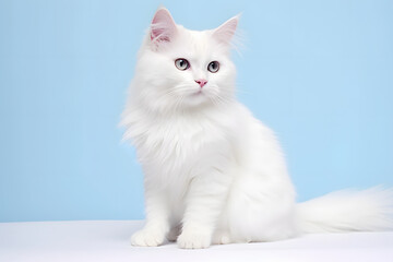 Obraz premium Elegante Schönheit: Weiße Katze in purer Anmut vor einem minimalistischen, strahlend weißen Hintergrund