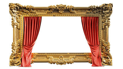 3D render of golden retro frame with a red curtain isolated on white background