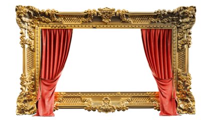 3D render of golden retro frame with a red curtain isolated on white background