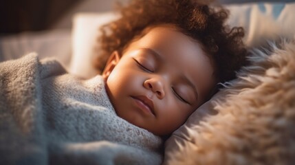 Obraz na płótnie Canvas An adorable child sleeps calmly in a comfy bed.