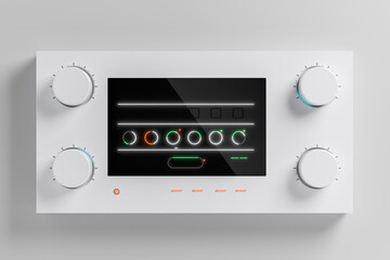 A 3D render mockup featuring a minimalist-styled electronics console adorned with switches, buttons, and dials, exuding a sleek and modern design