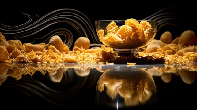  a glass bowl filled with pasta sitting on top of a black counter top next to a pile of pasta shells.