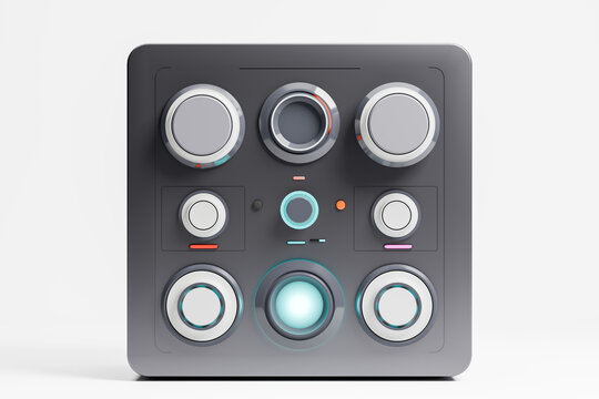 A 3D render mockup featuring a minimalist-styled electronics console adorned with switches, buttons, and dials, exuding a sleek and modern design