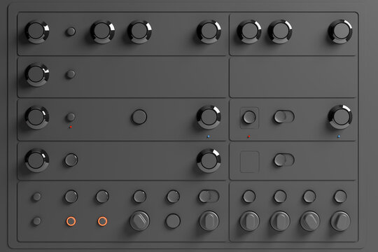 A 3D render mockup featuring a minimalist-styled electronics console adorned with switches, buttons, and dials, exuding a sleek and modern design