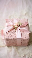 Obraz na płótnie Canvas A vintage-inspired Valentine's gift box in pastel pink, tied with a satin ribbon, placed on an antique lace tablecloth.