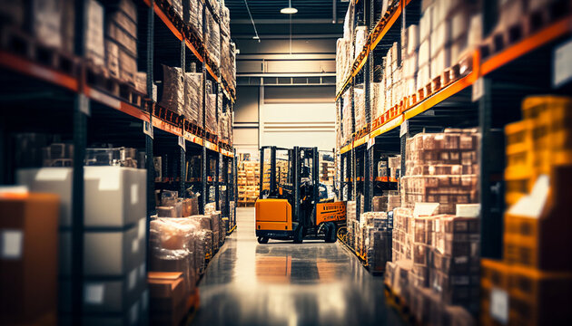Einzelhandelslager voller Lagerregale mit Waren in Kartons zu Weihnachten, mit Paletten und Gabelstaplern. Im Hintergrund unscharfe Logistik- und Transportelemente im Logistikzentrum Generative AI