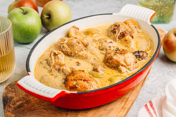 Chicken Normandy served in an enamel-coated cast-iron roaster
