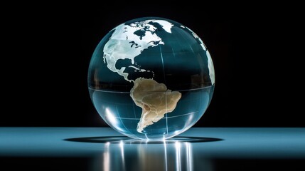  a glass globe with a map of the world in it's center on a reflective surface with a black background.