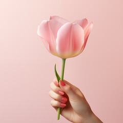 Female hand holding a tulip on pink background, Generative AI
