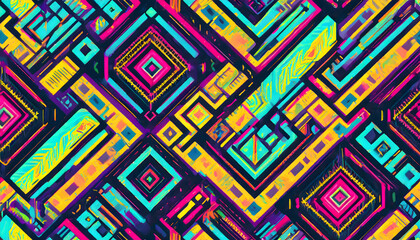 Neon colors in a seamless pattern featuring an intricate blend of abstract geometric shapes and patterns.