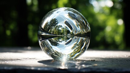  a close up of a glass ball on a table with a reflection of trees in the reflection of the glass.