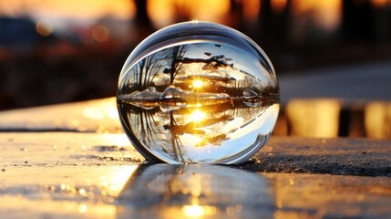  a glass ball with a reflection of a boat in it is sitting on the ground with a reflection of a tree in it.
