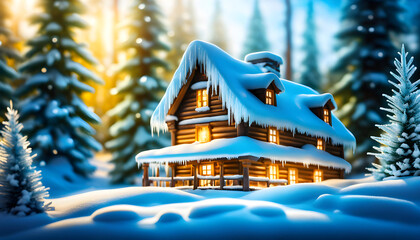Christmas and winter background details of fir forest with ice with magical fairy tale house,