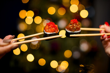 Sushi Season's Greetings, Two Girls Toasting under the Tree