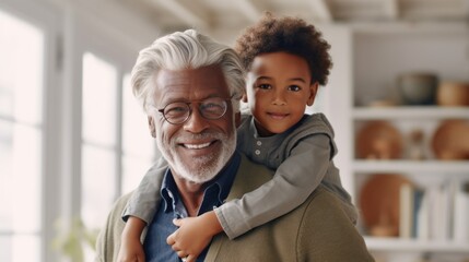 Obraz premium The joyful scene of a grandfather and grandson sharing a piggyback ride at home.