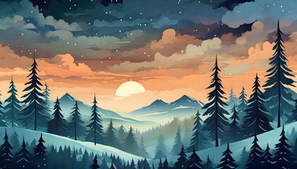 seamless background with the silhouette of a serene evergreen forest against a twilight sky. This simple and calming design is great for creating a peaceful winter ambiance
