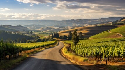 Obraz premium a dirt road in the middle of a lush green field with hills in the distance and clouds in the sky.