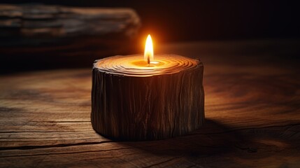 Obraz na płótnie Canvas a lit candle sitting on top of a wooden table next to a piece of wood on top of a table.