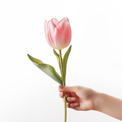 Female hand holding a tulip on white background, Generative AI