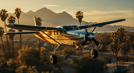 aeroplane of modern mid-Century 20s, Cessna 152 vintage, Low flying, green and metal color, Los Angeles, CA, Golden hour, California, Modernism
