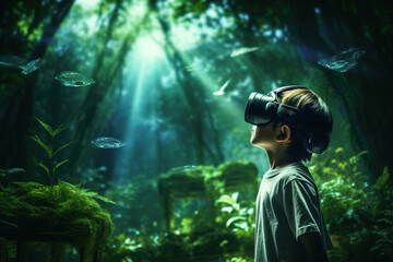 A child wearing virtual reality glasses in a fictional image of an imaginary forest and futuristic animals.
