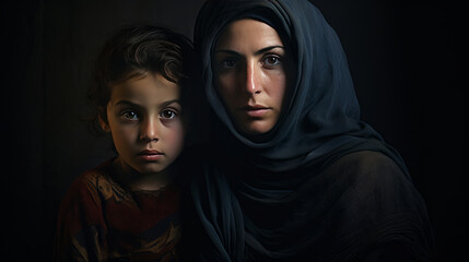 Middle Eastern Mother and Child Portrait: Resilience in the Shadows